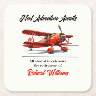 Retirement Travel Themed Party Red Plane Vintage Square Paper Coaster