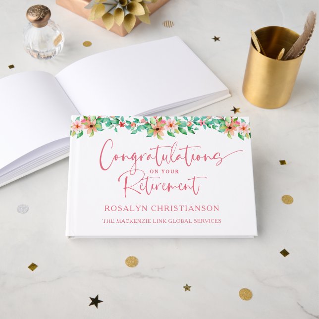 Retirement Tropical Floral Pink Script Congrats Guest Book (Front Open)