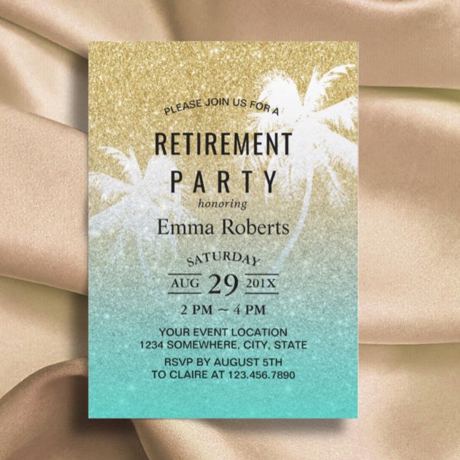 Retirement Tropical Palm Tree Modern Gold Glitter Invitation (Creator Uploaded)