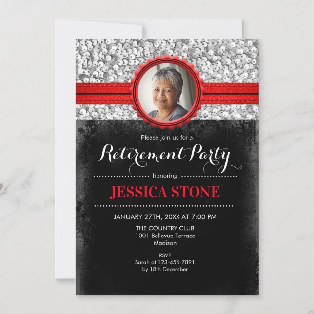 Retirement With Photo - Red Silver Black Invitation (Front)