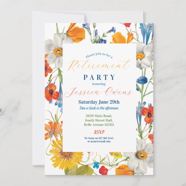 Retirement Womens Floral Summer Color Flowers  Invitation (Front)