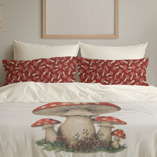 Reto Red Cottagecore Mushroom Pattern - Reversible Pillowcase