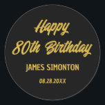 Reto Script 80th Birthday Envelope Seal<br><div class="desc">Retro fonts create a bold envelope gold and black envelope seal. 4 lines of text let you customise your message. The first two lines here say Happy 80th Birthday in a bold retro script. The last two lines are in a simpler san serif. They provide the birthday celebrant's name and...</div>
