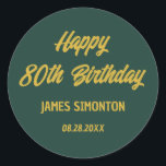 Reto Script 80th Birthday Envelope Seal<br><div class="desc">Retro fonts create a bold envelope gold and emerald green envelope seal. 4 lines of text let you customise your message. The first two lines here say Happy 80th Birthday in a bold retro script. The last two lines are in a simpler san serif. They provide the birthday celebrant's name...</div>