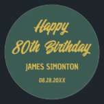 Reto Script 80th Birthday Envelope Seal<br><div class="desc">Retro fonts create a bold envelope gold and emerald green envelope seal. 4 lines of text let you customise your message. The first two lines here say Happy 80th Birthday in a bold retro script. The last two lines are in a simpler san serif. They provide the birthday celebrant's name...</div>