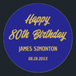 Reto Script 80th Birthday Envelope Seal<br><div class="desc">Retro fonts create a bold envelope gold and navy blue envelope seal. 4 lines of text let you customise your message. The first two lines here say Happy 80th Birthday in a bold retro script. The last two lines are in a simpler san serif. They provide the birthday celebrant's name...</div>