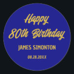 Reto Script 80th Birthday Envelope Seal<br><div class="desc">Retro fonts create a bold envelope gold and navy blue envelope seal. 4 lines of text let you customise your message. The first two lines here say Happy 80th Birthday in a bold retro script. The last two lines are in a simpler san serif. They provide the birthday celebrant's name...</div>