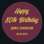 Reto Script 80th Birthday Envelope Seal<br><div class="desc">Retro fonts create a bold envelope gold and burgundy red envelope seal. 4 lines of text let you customise your message. The first two lines here say Happy 80th Birthday in a bold retro script. The last two lines are in a simpler san serif. They provide the birthday celebrant's name...</div>