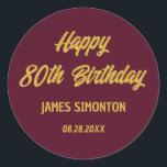 Reto Script 80th Birthday Envelope Seal<br><div class="desc">Retro fonts create a bold envelope gold and burgundy red envelope seal. 4 lines of text let you customise your message. The first two lines here say Happy 80th Birthday in a bold retro script. The last two lines are in a simpler san serif. They provide the birthday celebrant's name...</div>
