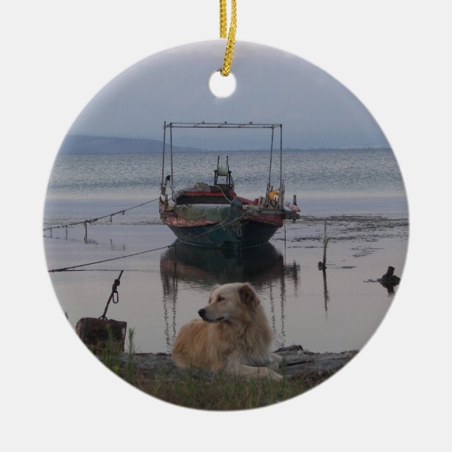 Retriever by the sea. ceramic tree decoration (Front)