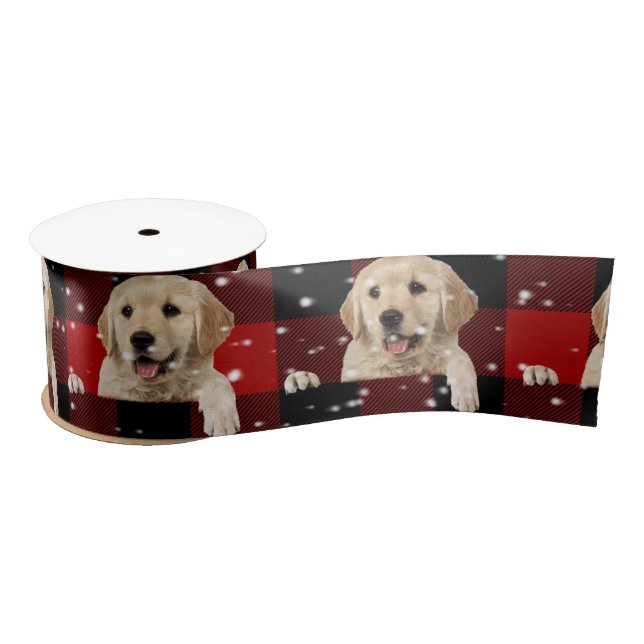 Retriever in Snow on Buffalo Plaid Satin Ribbon (Spool)