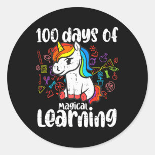 Retro 100 Days Of Magical Learning Unicorn Girls 1 Classic Round Sticker