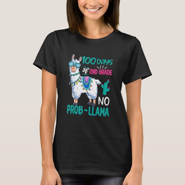 Retro 100 Days Of School No Probllama Llama 2nd Gr T-Shirt (Front)