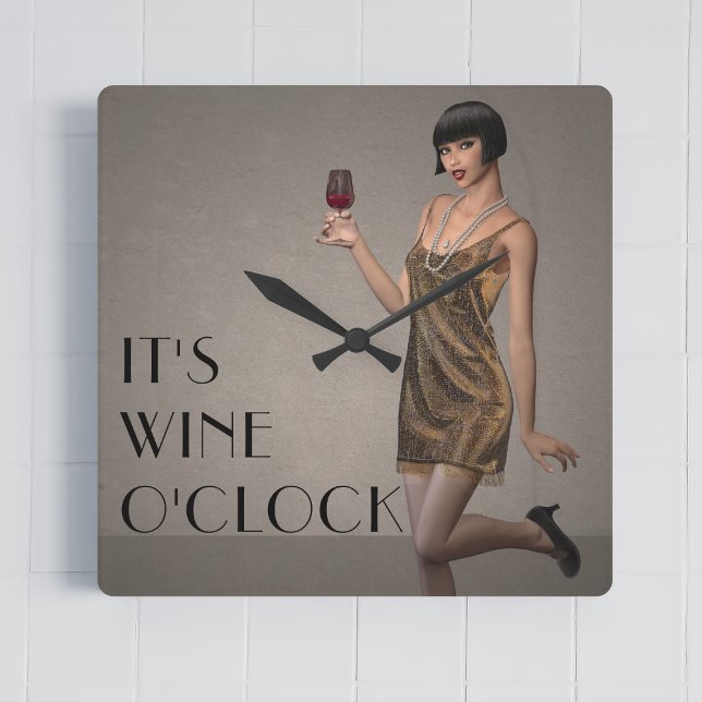 Retro 1920s Flapper Girl Wine O'Clock Wall Clock (It's always wine o'clock! A fun flapper girl ready to party!)