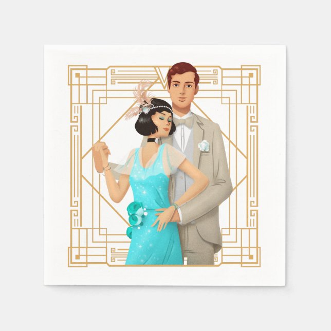 Retro 1920s Glam Couple Art Deco Gold Frame Napkin (Front)
