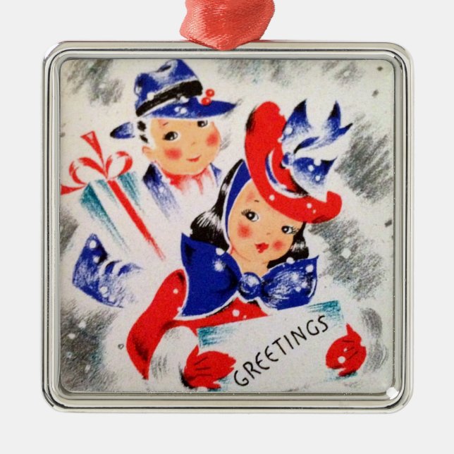 Retro 1940s Christmas Shopping Couple Metal Tree Decoration (Front)