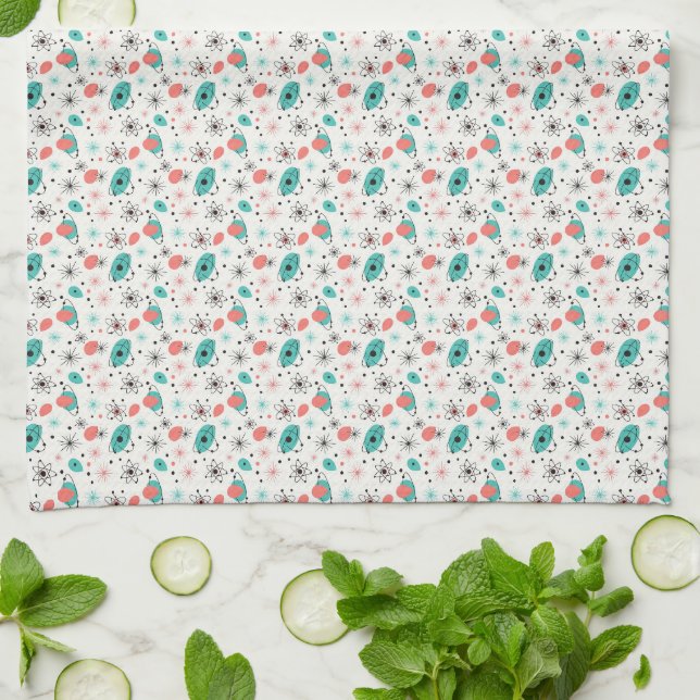 Retro 1950s Atomic Starburst & Orbiting Atoms Tea Towel (Folded)