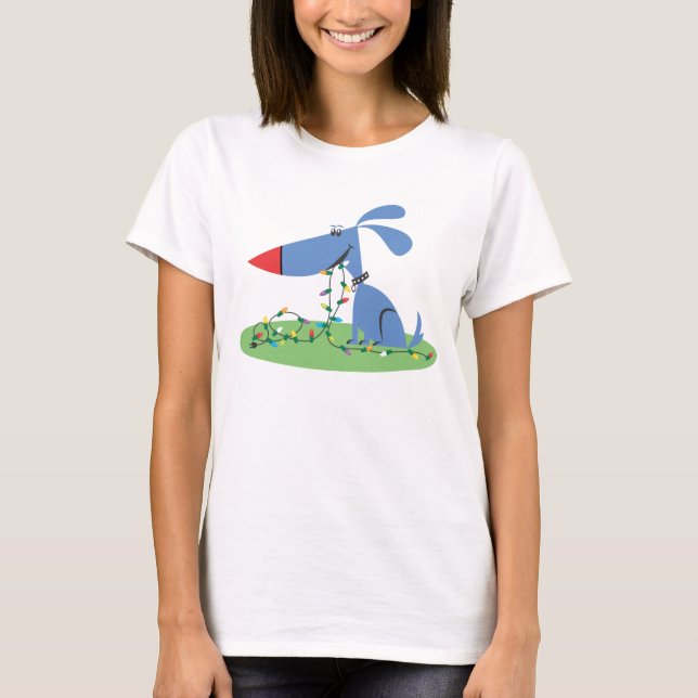 Retro 1950s Blue Dog Christmas Lights T-Shirt (Front)