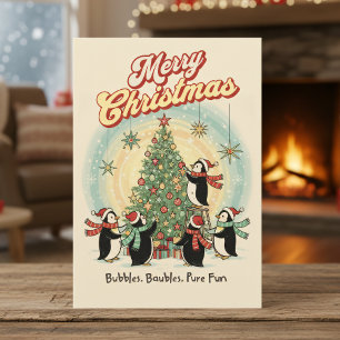 Retro 1950s Christmas Card with Penguins & Tree