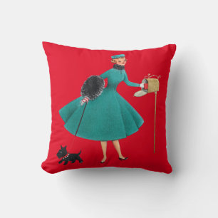 Retro 1950s Christmas Girl & Dog Cushion