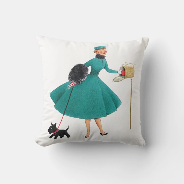 Retro 1950s Christmas Girl & Dog Cushion (Front)