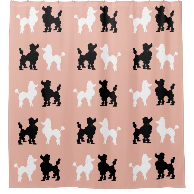 Retro 1950's Cute White and Black Poodles Salmon Shower Curtain (Front)