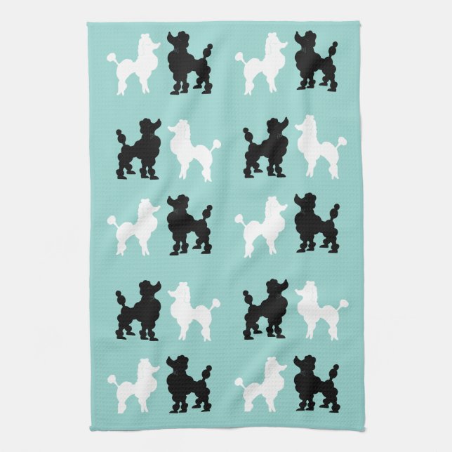 Retro 1950's Cute White & Black Poodles on Aqua Tea Towel (Vertical)