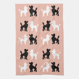 Retro 1950's Cute White & Black Poodles on Pink Tea Towel