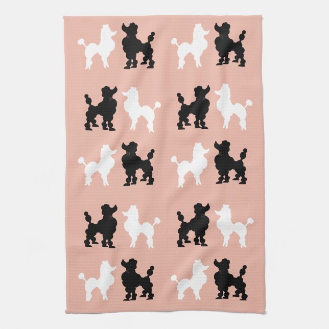 Retro 1950's Cute White & Black Poodles on Pink Tea Towel (Vertical)