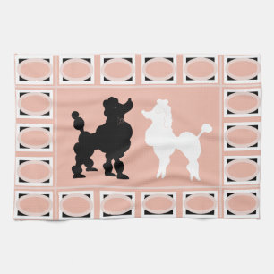 Retro 1950's Cute White & Black Poodles on Salmon Tea Towel
