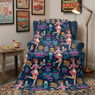 Retro 1950s Diner Roller Skate Waitress Fleece Blanket