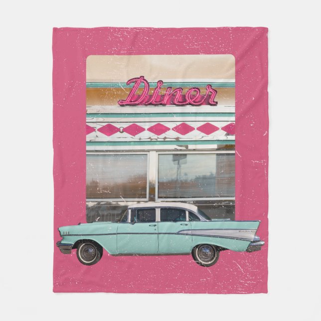 Retro 1950s Diner Wall Art | Pink Neon Sign & Teal Fleece Blanket (Front)