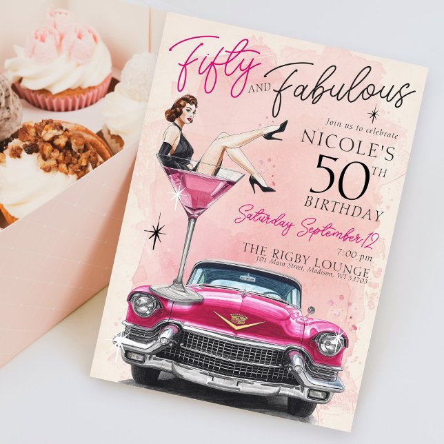 Retro 1950's Fifty & Fabulous Glam 50th Birthday Invitation (Retro 1950's watercolor Fifty and Fabulous pink old hollywood glam pinup birthday party invitation)