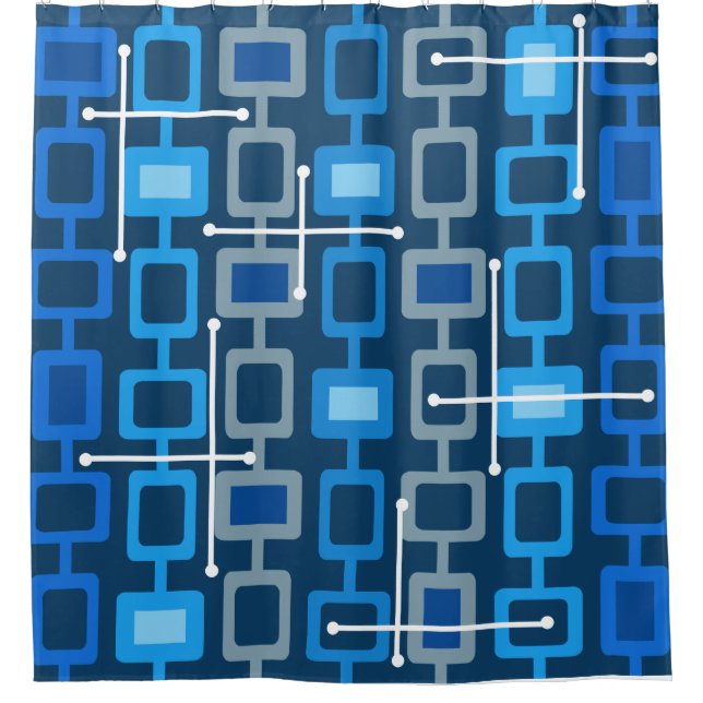 Retro 1950s Geometric Pattern Blue Shower Curtain (Front)