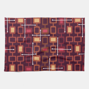 Retro 1950s Geometric Pattern Burgundy Tea Towel