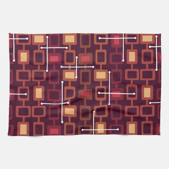 Retro 1950s Geometric Pattern Burgundy Tea Towel (Horizontal)