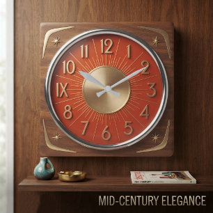 Retro 1950s Mid Century Modern Wood Vintage Atomic Square Wall Clock