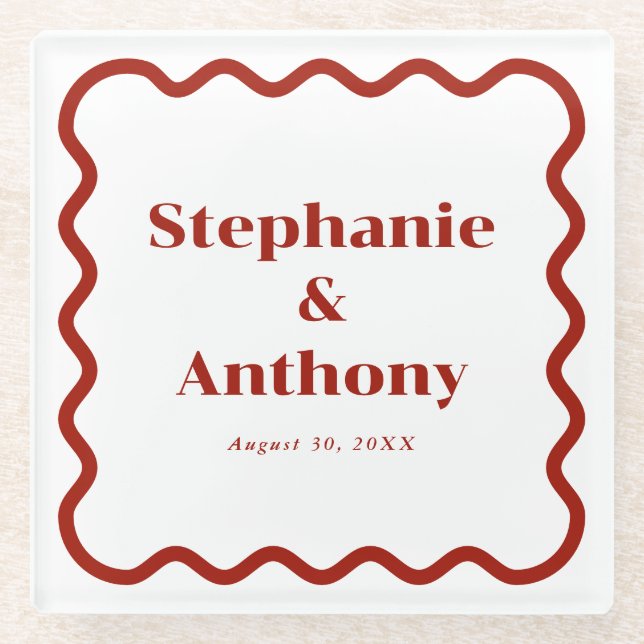 Retro 1950s Wavy Edge Dark Red Wedding Glass Coaster (Front)