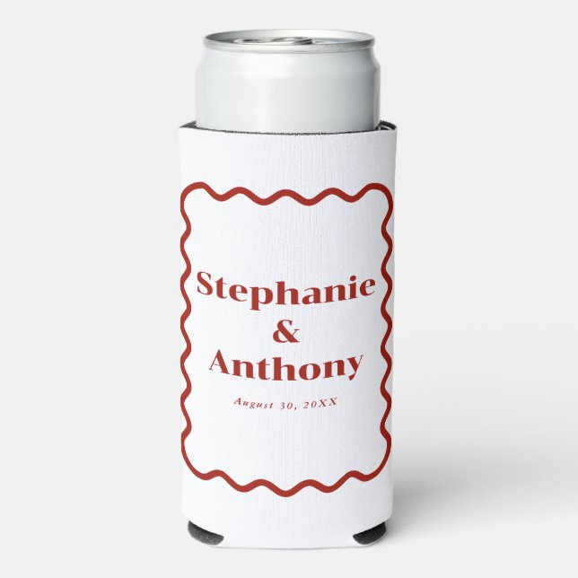 Retro 1950s Wavy Edge Dark Red Wedding Seltzer Can Cooler (Seltzer Back)