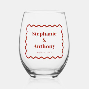 Retro 1950s Wavy Edge Dark Red Wedding Stemless Wine Glass
