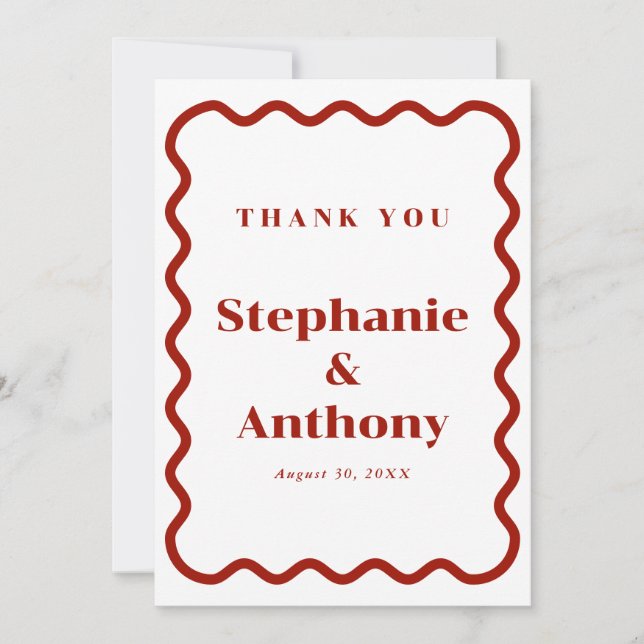 Retro 1950s Wavy Edge Dark Red Wedding Thank You Card (Front)