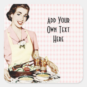Retro 1950s Woman with Lunch Tray Square Sticker