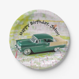 retro 1955 car on road map birthday paper plate