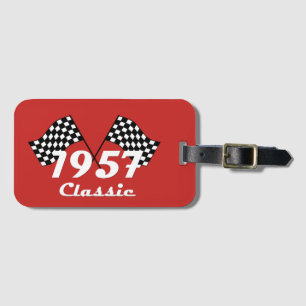 Retro 1957 Classic Black & White Chequered Flag Luggage Tag