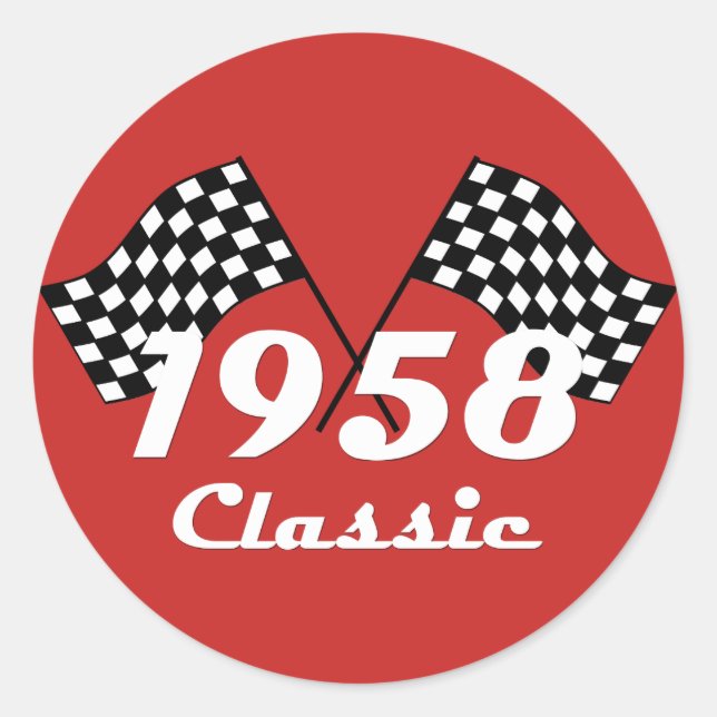 Retro 1958 Classic Black & White Checked Race Flag Round Sticker (Front)