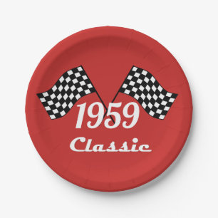 Retro 1959 Classic Black & White Chequered Flag Paper Plate