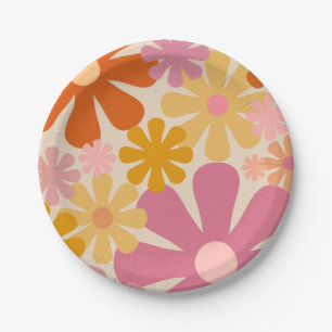 Retro 1960s 1970s Flowers Floral Pattern Paper Plate