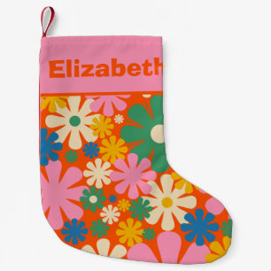 Retro 1960s Colourful Floral Pattern with Name Small Christmas Stocking
