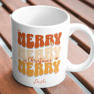 Retro 1960s Groovy Merry Christmas Name Boho Mug