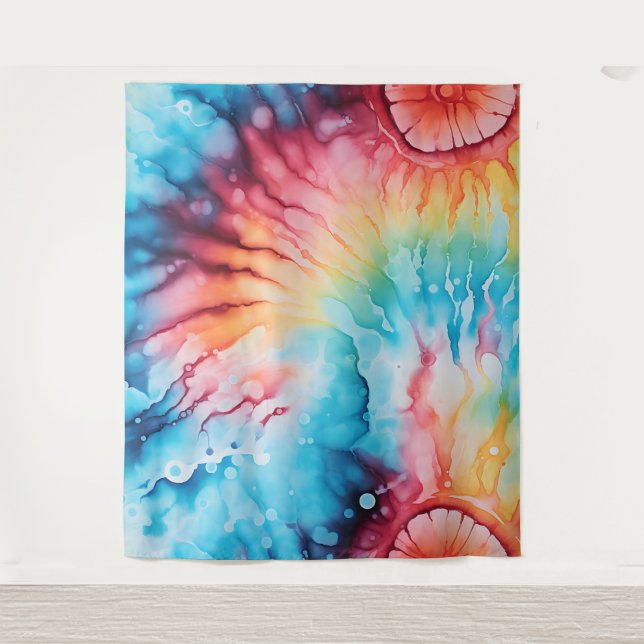 Retro 1960s Rainbow Tie Dye Style Tapestry (Front)